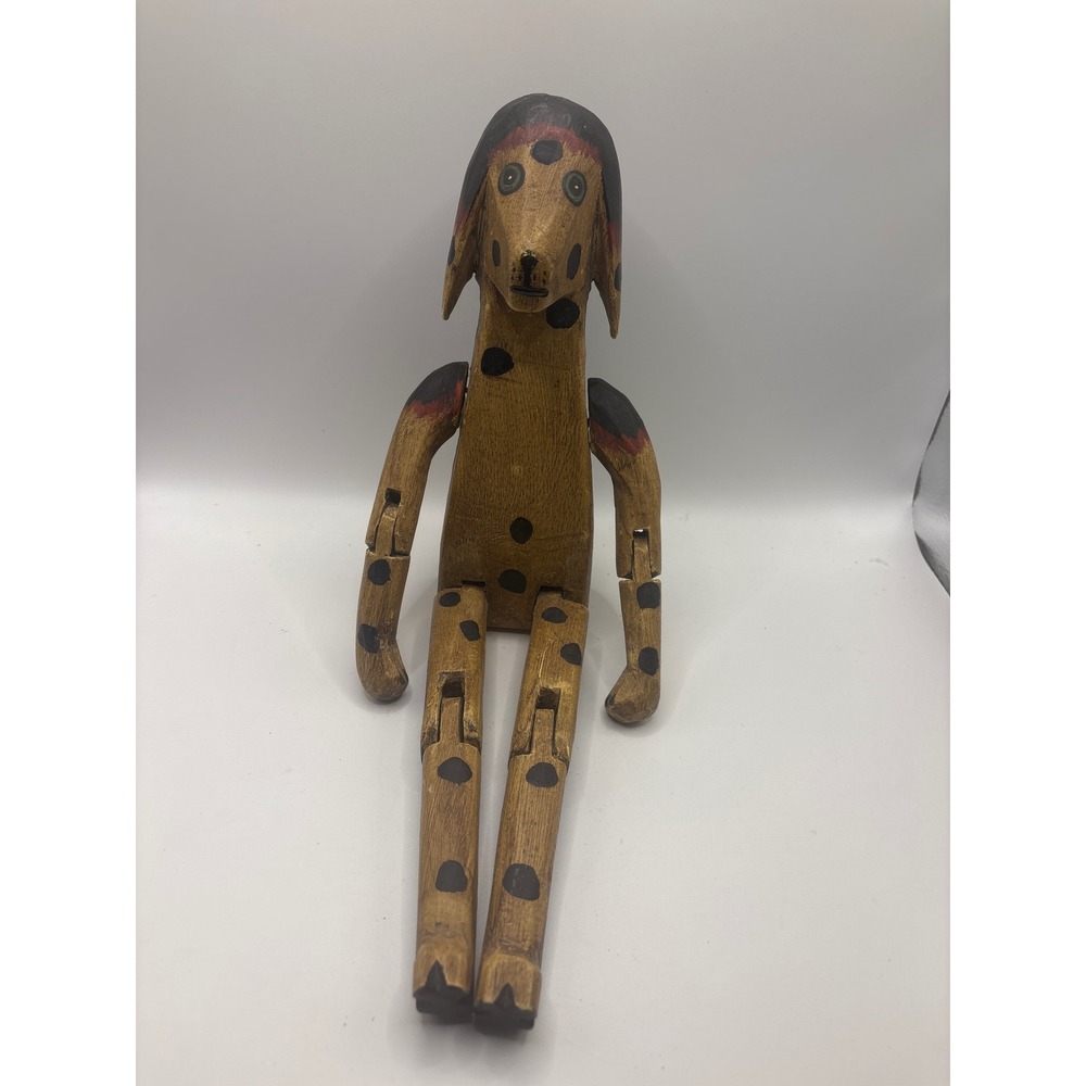 Vintage Hand Carved Wooden Spotted Dog Shelf Sitter Articulated Folk Art Figure